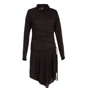 Coline Assymetrical Midi Dress Drop Waist Ruffle Seams Black Long Sleeve Large